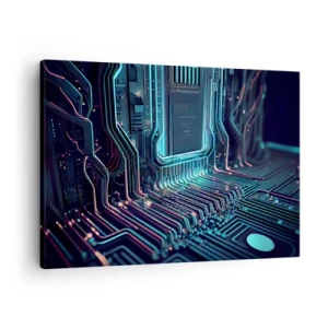 Impression sur toile - Image sur toile - Circuit imprimé technologique avec pistes lumineuses - 70x50cm - Je pense comme ça… - Décoration murale moderne pour le salon et la chambre ARTTOR