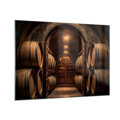 Impression sur verre - Image sur verre - Un vignoble avec des barriques et une cave éclairée pleine de bouteilles - 70x50cm - Cave climatisée - Décoration murale moderne pour le salon et la chambre ARTTOR