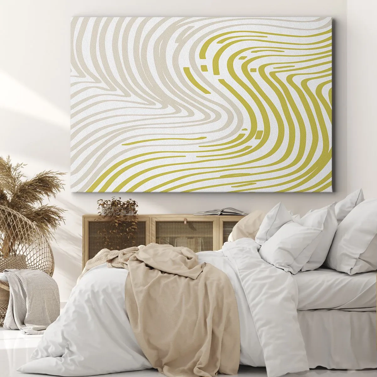 Impression sur toile - Image sur toile - Un motif abstrait avec des lignes ondulées dans des tons de jaune et de beige. - 70x50cm - Une composition au léger virage - Décoration murale moderne pour le salon et la chambre ARTTOR