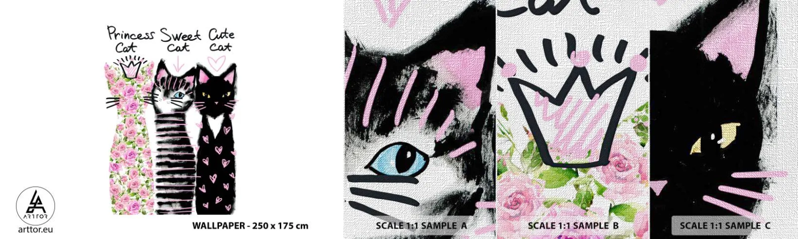 Échantillon de Papier Peint Premium Canvas - Il y avait trois chats - Pour les enfants, Chat, Animaux - 100x30 cm