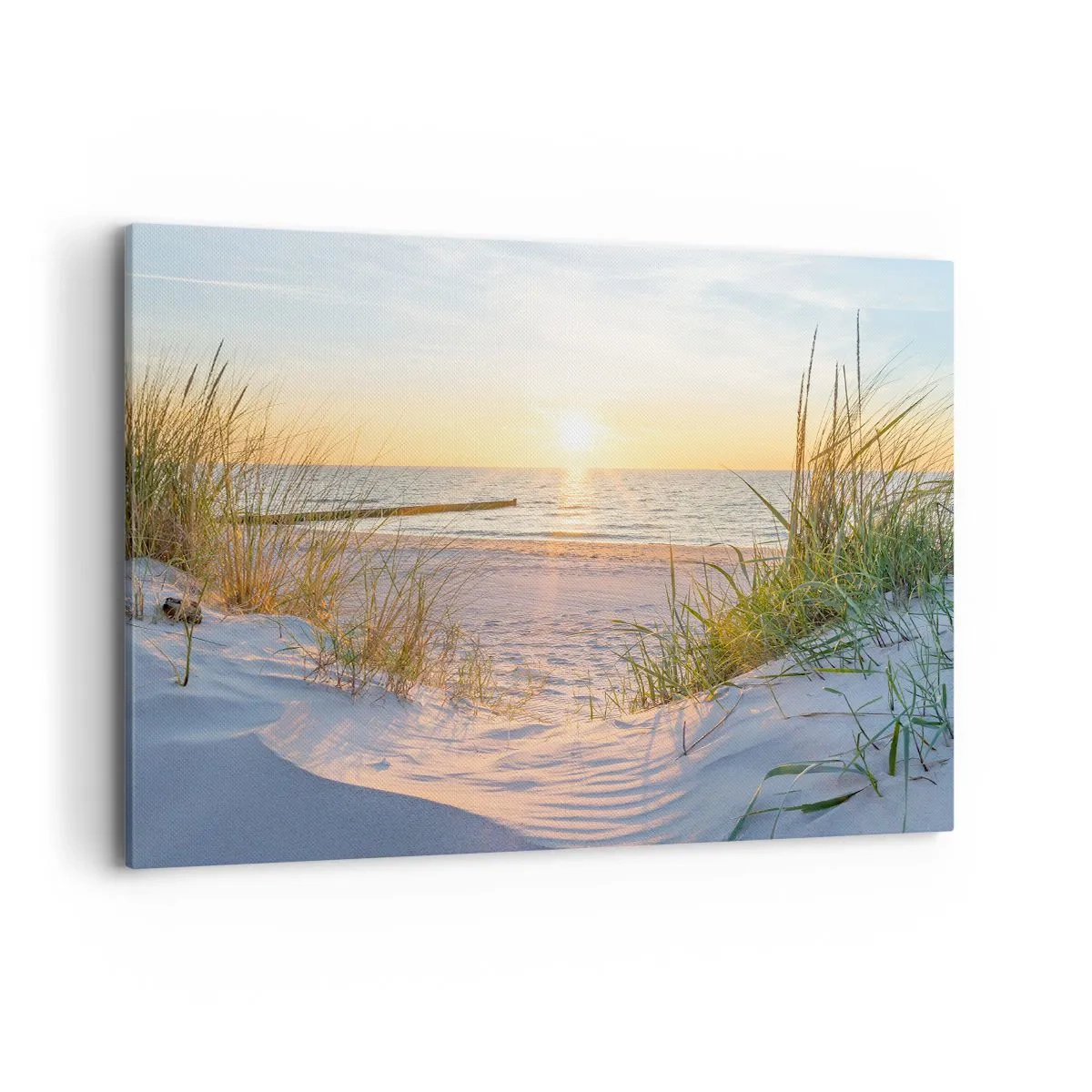 Impression sur toile - Image sur toile - Une plage de sable avec vue sur le coucher de soleil sur la mer - 120x80cm - Le bruit de la mer, le chant des oiseaux, une plage sauvage parmi les herbes… - Décoration murale moderne pour le salon et la chambre ART