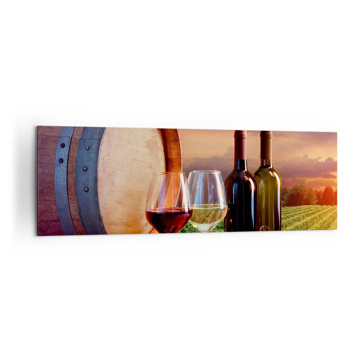 Impression sur toile - Image sur toile - Du vin, des verres et un tonneau dans un paysage pittoresque - 160x50cm - Ici la vie a du goût - Décoration murale moderne pour le salon et la chambre ARTTOR