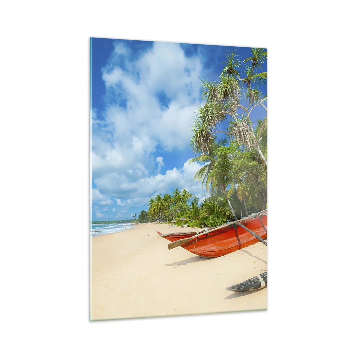 Impression sur verre - Image sur verre - Plage tropicale avec palmiers et bateaux traditionnels - 50x70cm - Le charme des tropiques - Décoration murale moderne pour le salon et la chambre ARTTOR