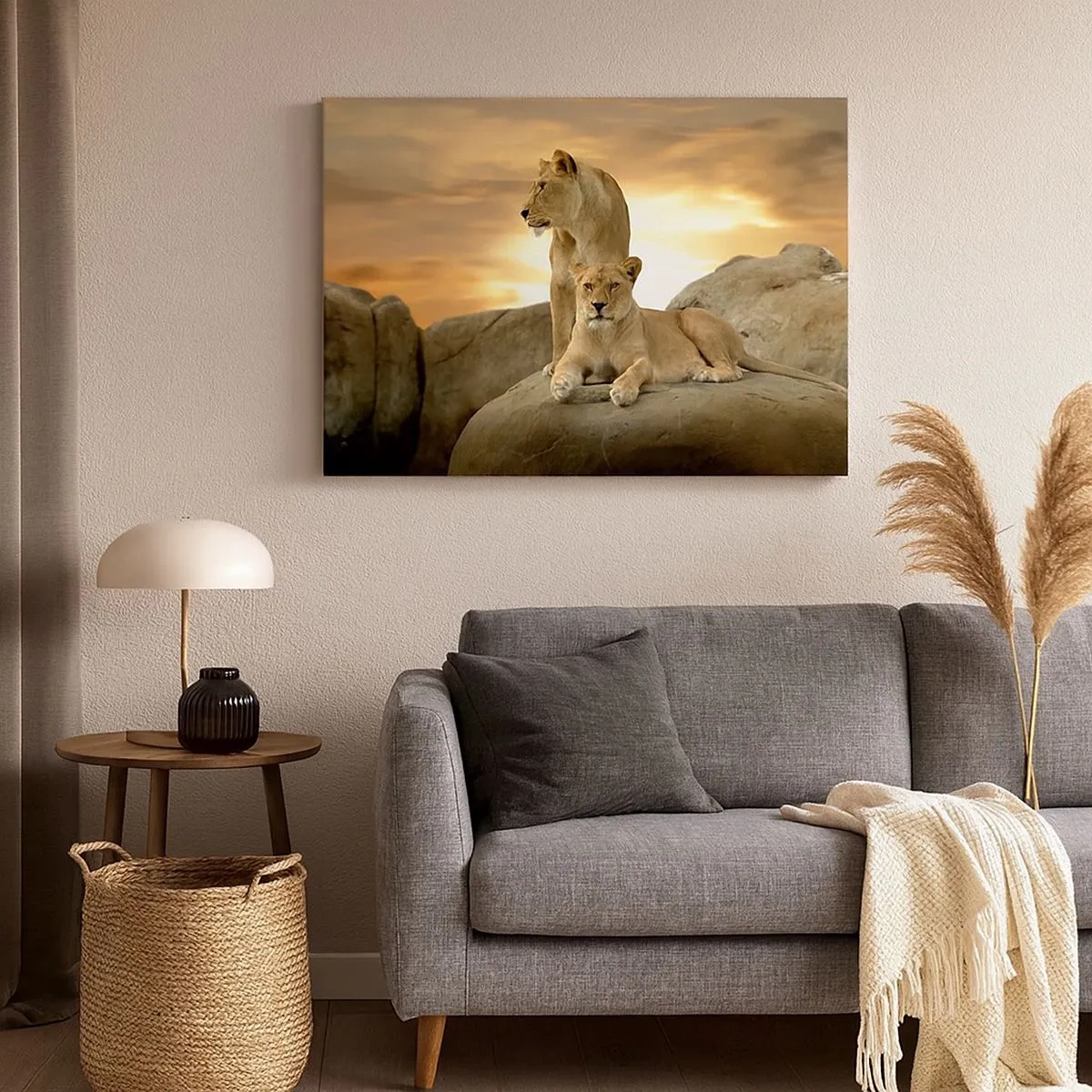Impression sur toile - Image sur toile - Deux lionnes se reposant sur un rocher au coucher du soleil - 70x50cm - Majesté royale - Décoration murale moderne pour le salon et la chambre ARTTOR