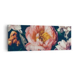 Impression sur toile - Image sur toile - Composition florale avec pivoines et chrysanthèmes sur fond sombre - 140x50cm - Splendeur baroque - Décoration murale moderne pour le salon et la chambre ARTTOR