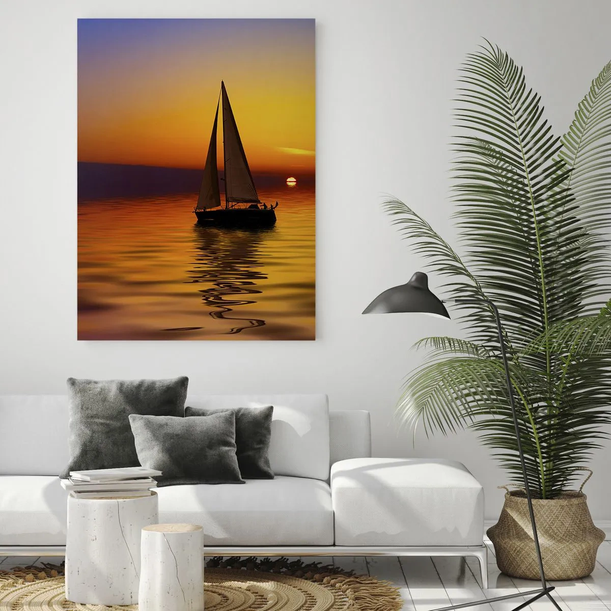 Impression sur verre - Image sur verre - Un voilier sur une mer calme au coucher du soleil - 80x120cm - Comme c'est calme au crépuscule… - Décoration murale moderne pour le salon et la chambre ARTTOR