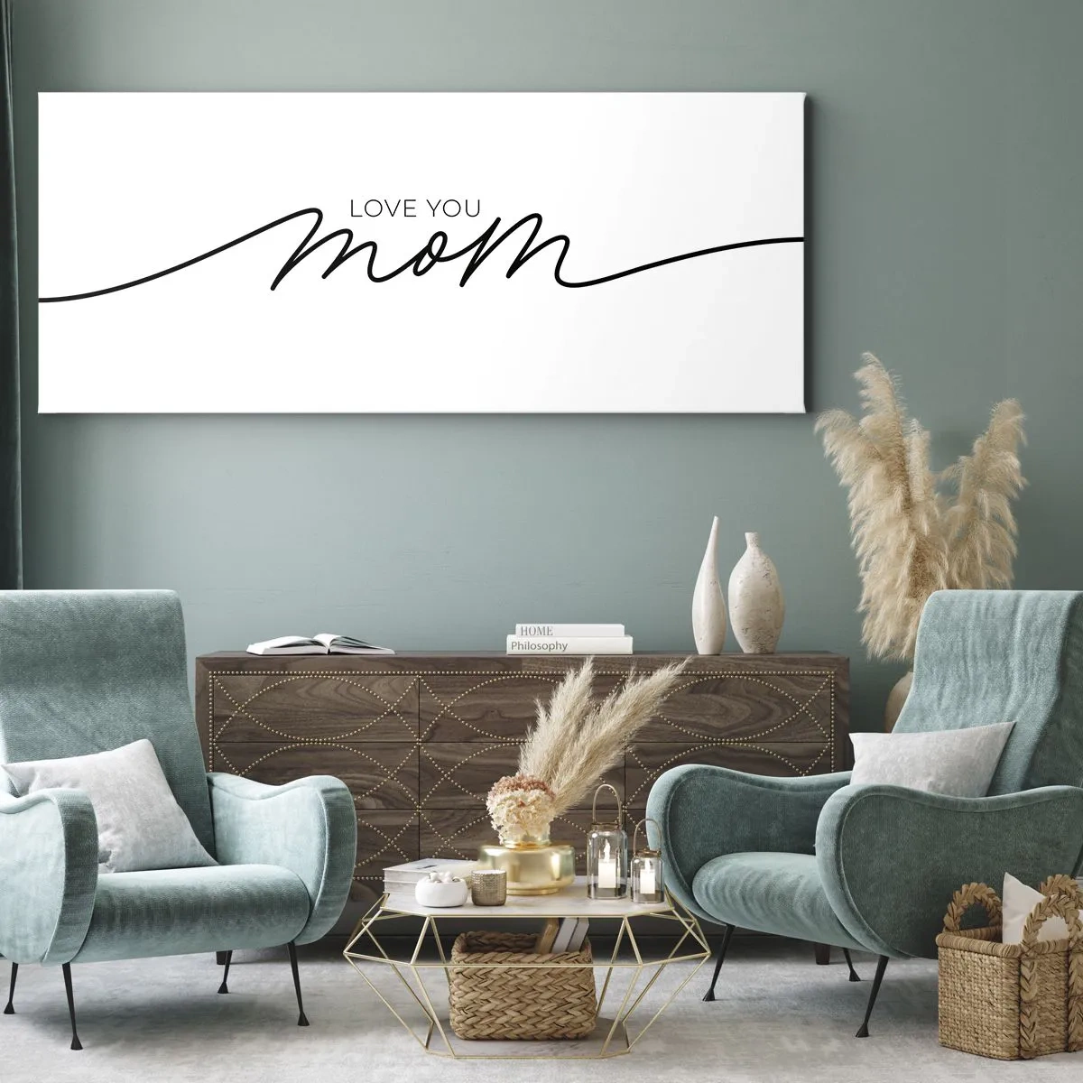 Impression sur toile - Image sur toile - Inscription minimaliste « Love You Mom » sur fond blanc - 120x50cm - Grand chamboulement - Décoration murale moderne pour le salon et la chambre ARTTOR