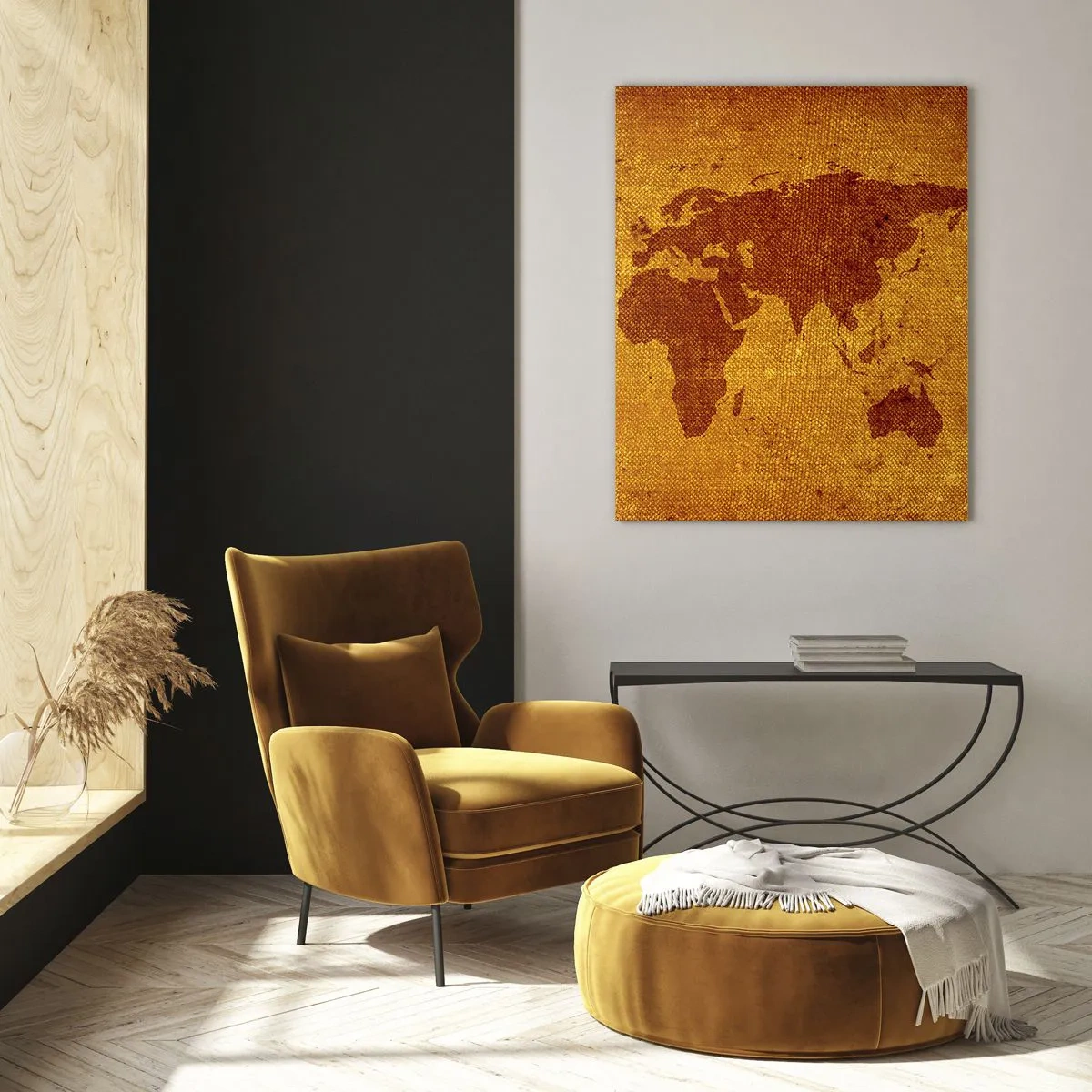 Impression sur verre - Image sur verre - Une carte du monde aux couleurs chaudes et sépia - 50x70cm - Invitation au voyage - Décoration murale moderne pour le salon et la chambre ARTTOR