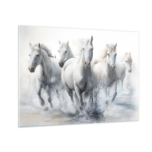 Impression sur verre - Image sur verre - Chevaux blancs galopant dans l'eau dans une composition dynamique - 70x50cm - Magie blanche - Décoration murale moderne pour le salon et la chambre ARTTOR