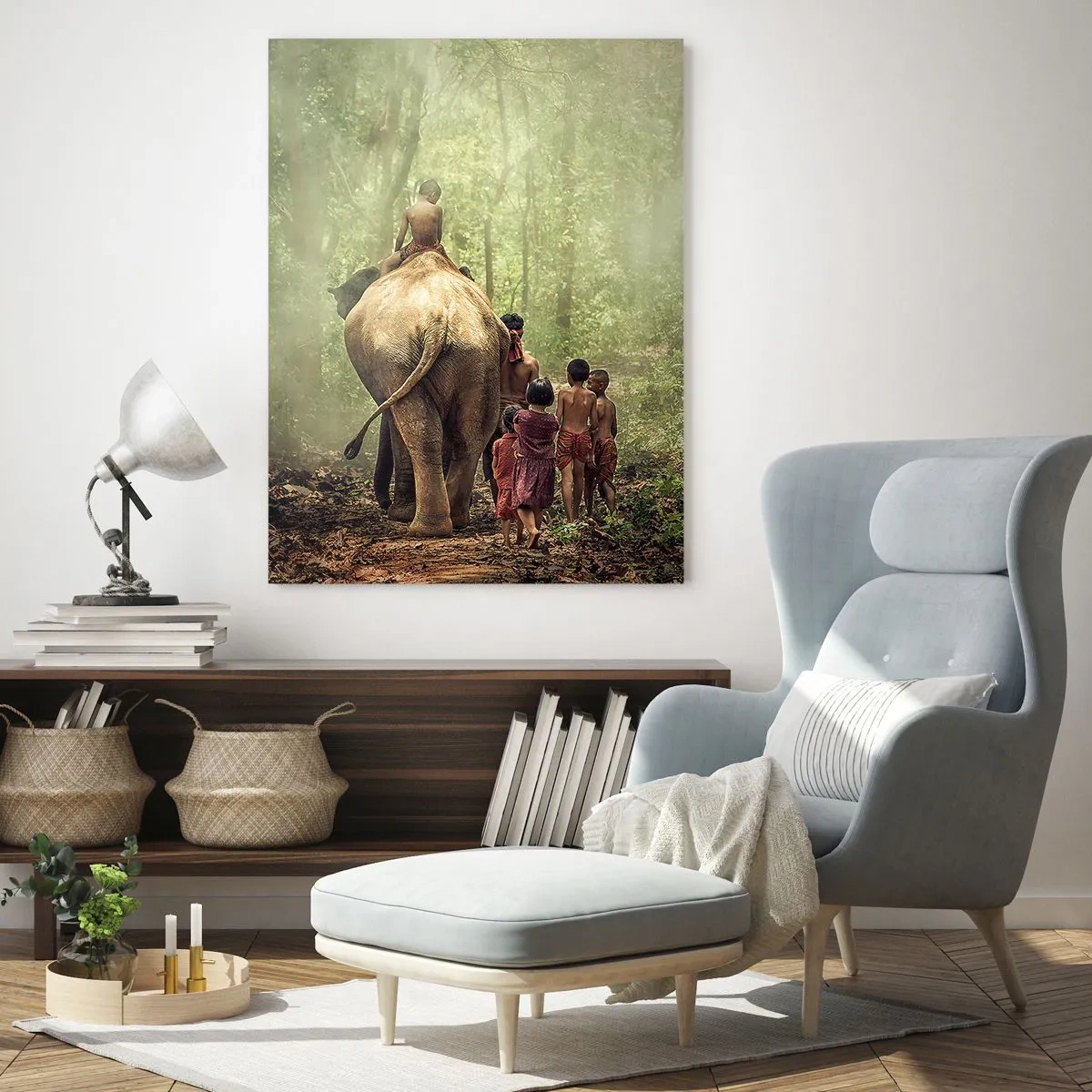 Impression sur verre - Image sur verre - Un éléphant dans la forêt avec des enfants en costumes traditionnels - 50x70cm - Nouveau livre de la jungle - Décoration murale moderne pour le salon et la chambre ARTTOR