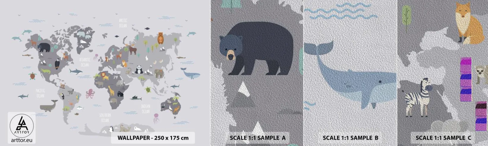 Échantillon de Papier Peint Premium Sand - Dis-moi d'où tu viens... - Carte du monde, Animaux, Continents - 100x30 cm