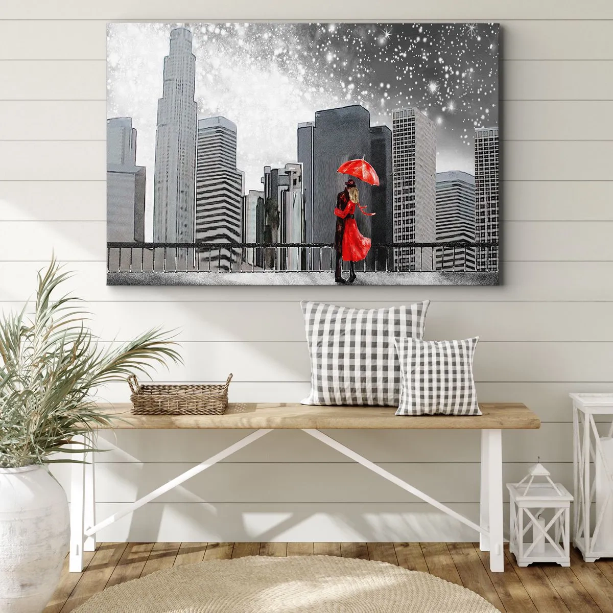 Impression sur toile - Image sur toile - Un couple en rouge avec un parapluie sur fond de paysage urbain - 70x50cm - L'homme n'est pas une pierre - Décoration murale moderne pour le salon et la chambre ARTTOR