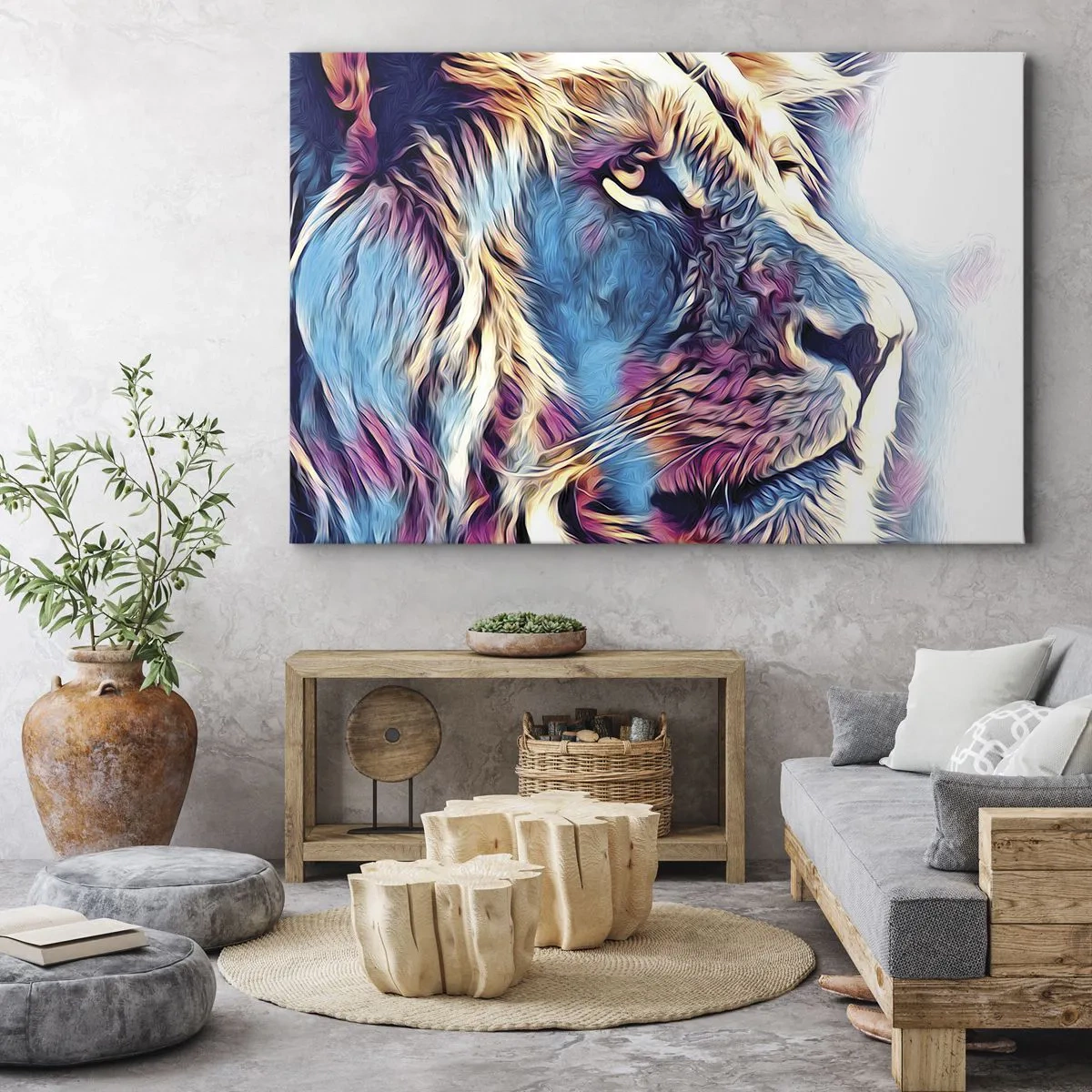 Impression sur toile - Image sur toile - Portrait d'un lion aux couleurs vives et abstraites - 120x80cm - L'intelligence de la nature - Décoration murale moderne pour le salon et la chambre ARTTOR