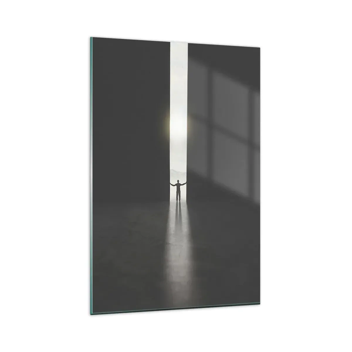 Impression sur verre - Image sur verre - Un homme debout dans la lumière d'une fente étroite dans un espace sombre - 80x120cm - Étape vers un avenir radieux - Décoration murale moderne pour le salon et la chambre ARTTOR