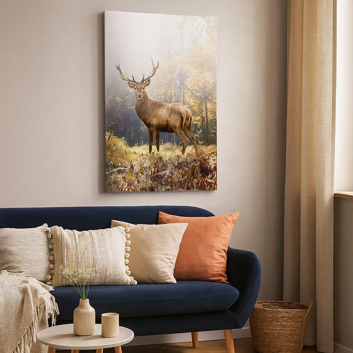 Impression sur toile - Image sur toile - Cerf dans la forêt d'automne avec les rayons du soleil - 50x70cm - Toute sa majesté - Décoration murale moderne pour le salon et la chambre ARTTOR