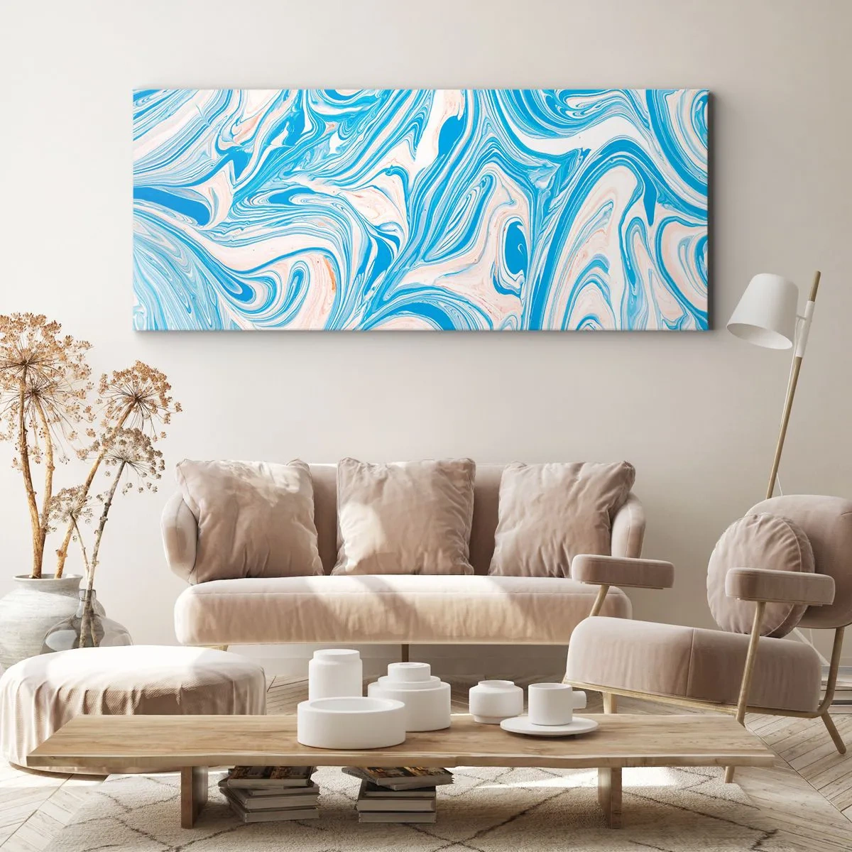 Impression sur toile - Image sur toile - Tourbillons abstraits de style marbre bleu et blanc - 140x50cm - Bassin turquoise - Décoration murale moderne pour le salon et la chambre ARTTOR