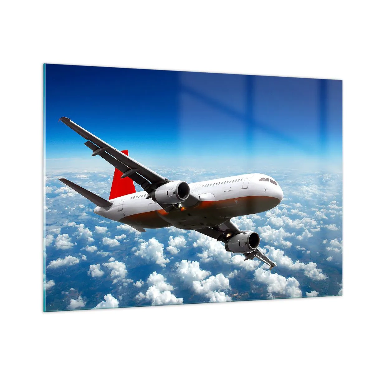 Impression sur verre - Image sur verre - Un avion de ligne volant au-dessus des nuages contre un ciel bleu - 100x70cm - Éloignez-vous de tout - Décoration murale moderne pour le salon et la chambre ARTTOR