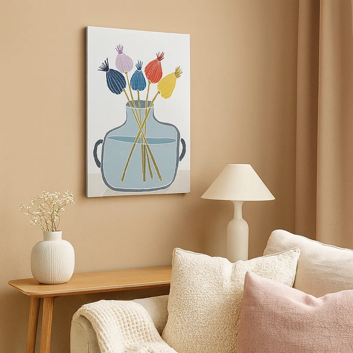 Impression sur toile - Image sur toile - Fleurs séchées colorées dans un vase sur fond blanc - 50x70cm - Comme s'il avait semé des graines de pavot - Décoration murale moderne pour le salon et la chambre ARTTOR