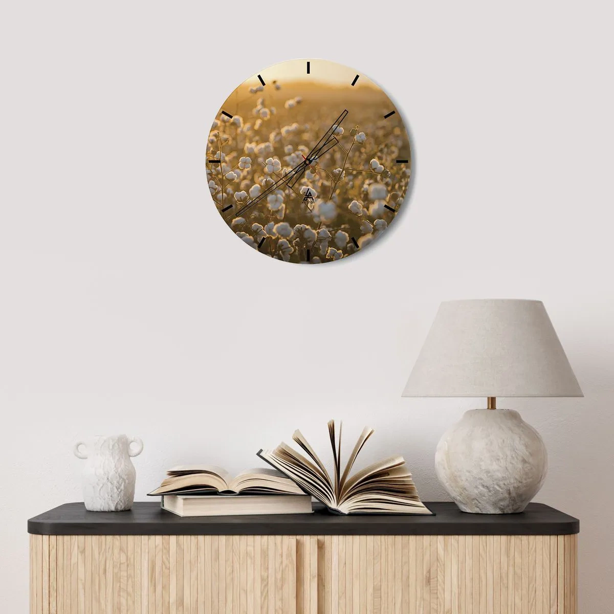 Horloge murale - Pendule murale - Un champ de coton au coucher du soleil avec des couleurs chaudes - 30x30cm - Champ moelleux - Décoration murale moderne pour le salon, la cuisine et la chambre ARTTOR