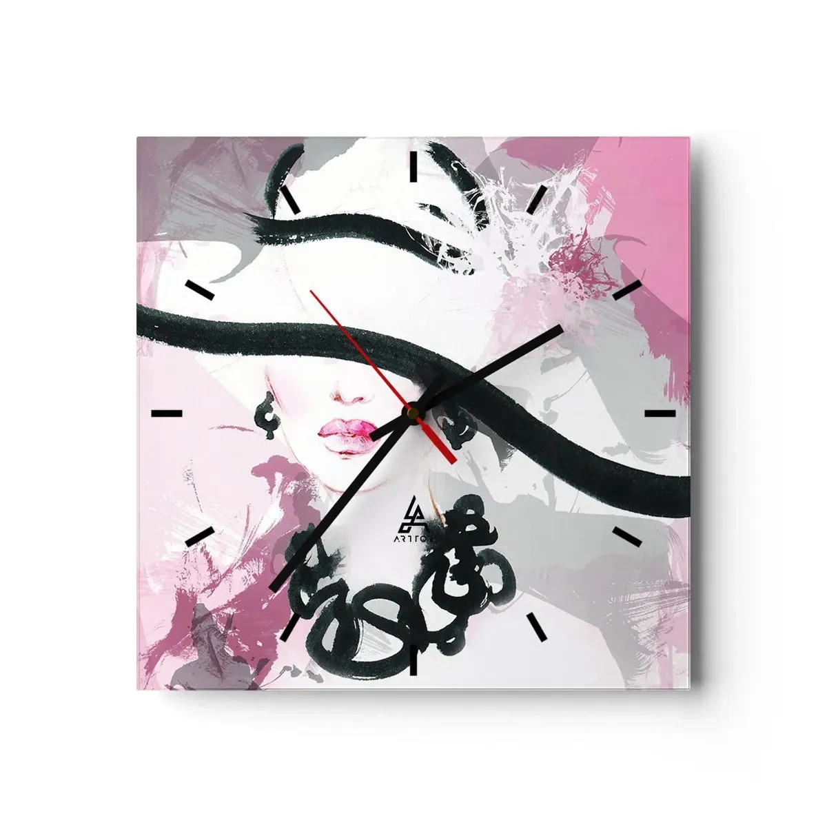 Horloge murale - Pendule murale - Une femme élégante avec un chapeau sur un fond d'abstractions roses. - 30x30cm - Portrait d'une dame en noir et rose - Décoration murale moderne pour le salon et la chambre ARTTOR