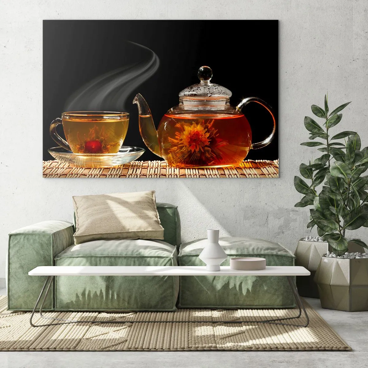 Impression sur verre - Image sur verre - Une carafe en verre et une tasse de thé avec une fleur sur fond noir - 120x80cm - La magie et l'art de l'infusion du thé - Décoration murale moderne pour le salon et la chambre ARTTOR