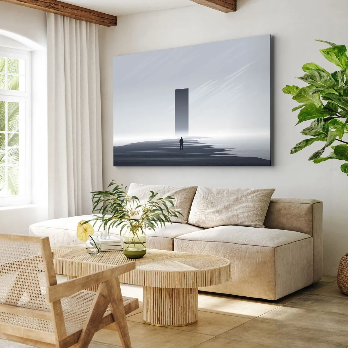 Impression sur toile - Image sur toile - Un paysage minimaliste avec une silhouette à côté d'un monolithe rectangulaire - 70x50cm - Opportunité ou menace ? - Décoration murale moderne pour le salon et la chambre ARTTOR