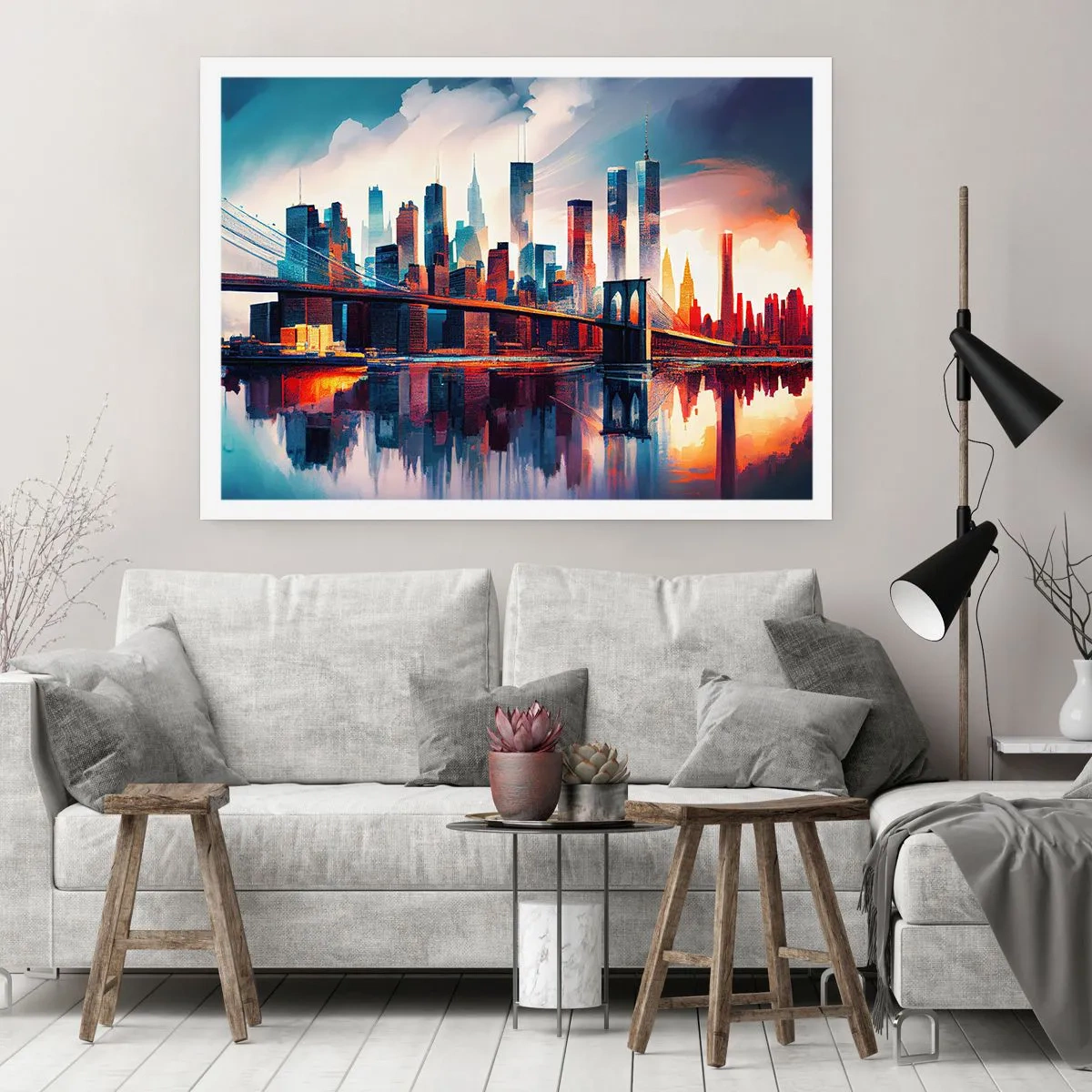 Affiche - Poster - Panorama de la ville de New York avec pont et reflet dans l'eau - 100x70cm - New York onirique - Décoration murale moderne pour le salon et la chambre ARTTOR