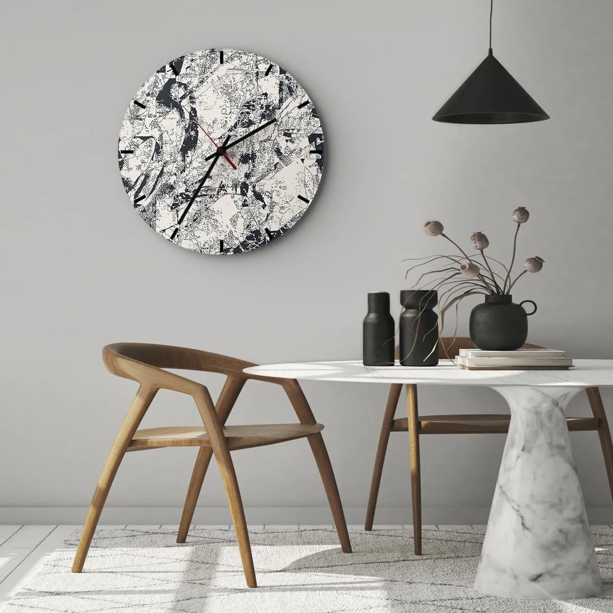 Horloge murale - Pendule murale - Composition abstraite dans les tons de noir et de gris - 30x30cm - Interpénétration des contraires - Décoration murale moderne pour le salon, la cuisine et la chambre ARTTOR