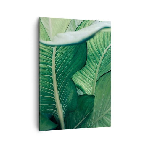 Impression sur toile - Image sur toile - Feuilles vertes avec des détails et une structure expressifs - 50x70cm - Une vie intensément verte - Décoration murale moderne pour le salon et la chambre ARTTOR