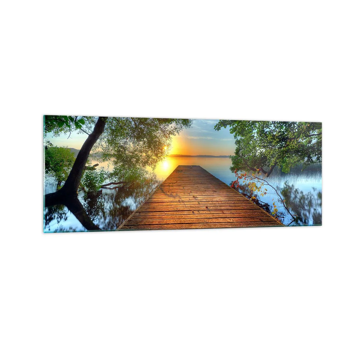 Impression sur verre - Image sur verre - Une jetée en bois entourée de verdure au coucher du soleil - 140x50cm - Prenez votre temps, asseyez-vous - Décoration murale moderne pour le salon et la chambre ARTTOR