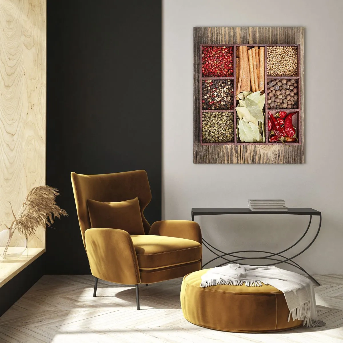 Impression sur verre - Image sur verre - Épices colorées dans des compartiments en bois - 50x70cm - Ordre des formes, bouquet d'arômes - Décoration murale moderne pour le salon et la chambre ARTTOR