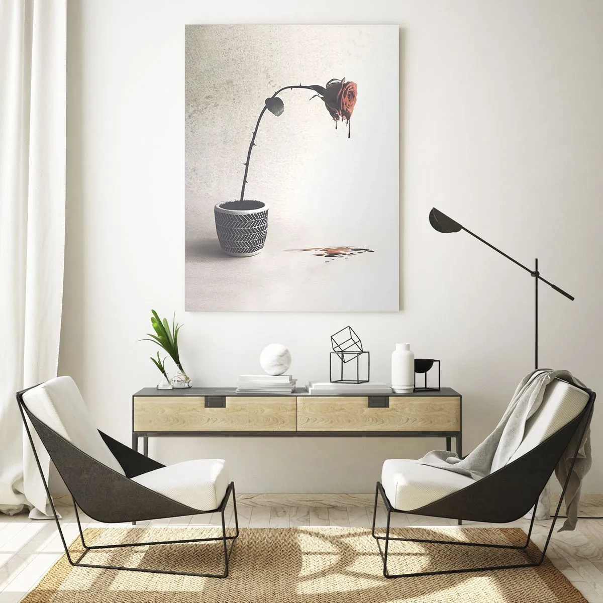 Impression sur verre - Image sur verre - Une rose symbolique dans un pot avec de la peinture qui coule - 50x70cm - Rosa dolorosa - Décoration murale moderne pour le salon et la chambre ARTTOR