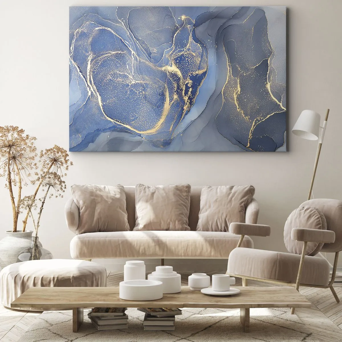 Impression sur toile - Image sur toile - Motifs bleus abstraits avec des accents dorés - 100x70cm - Poussière d'or - Décoration murale moderne pour le salon et la chambre ARTTOR