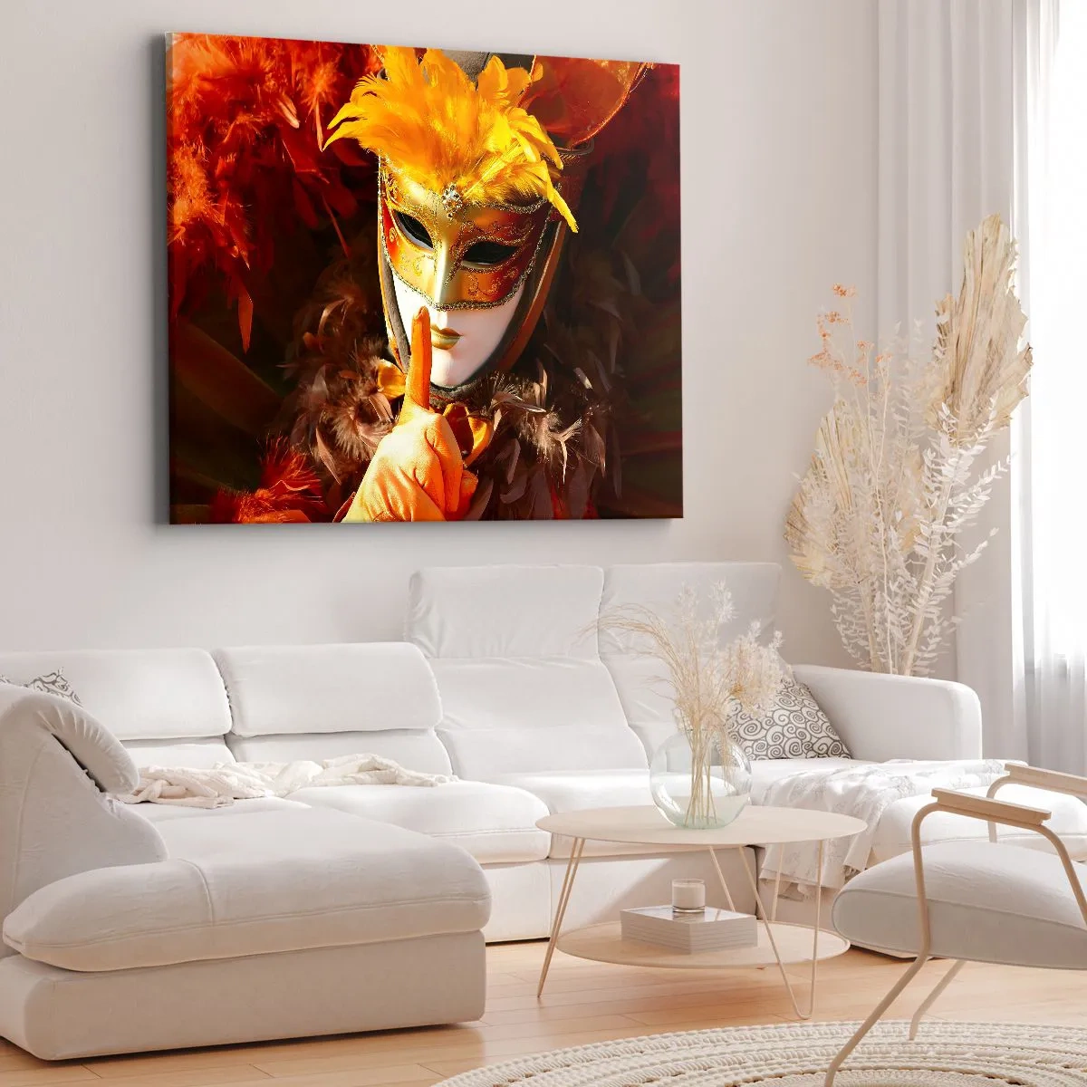 Impression sur toile - Image sur toile - Masque de carnaval aux tons or et orange - 120x80cm - Le secret est une partie du jeu - Décoration murale moderne pour le salon et la chambre ARTTOR