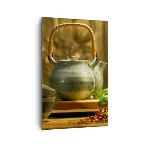 Impression sur toile - Image sur toile - Pichet en céramique avec tasses et thé séché - 80x120cm - Un traité sur la consommation de thé - Décoration murale moderne pour le salon et la chambre ARTTOR