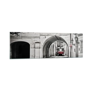 Impression sur verre - Image sur verre - Un tramway noir et blanc dans une rue historique de la ville - 160x50cm - Dans le labyrinthe de la ville - Décoration murale moderne pour le salon et la chambre ARTTOR