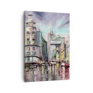 Impression sur toile - Image sur toile - Vue nocturne de la ville avec des reflets sur la rue mouillée - 50x70cm - Ce sera une soirée réussie - Décoration murale moderne pour le salon et la chambre ARTTOR
