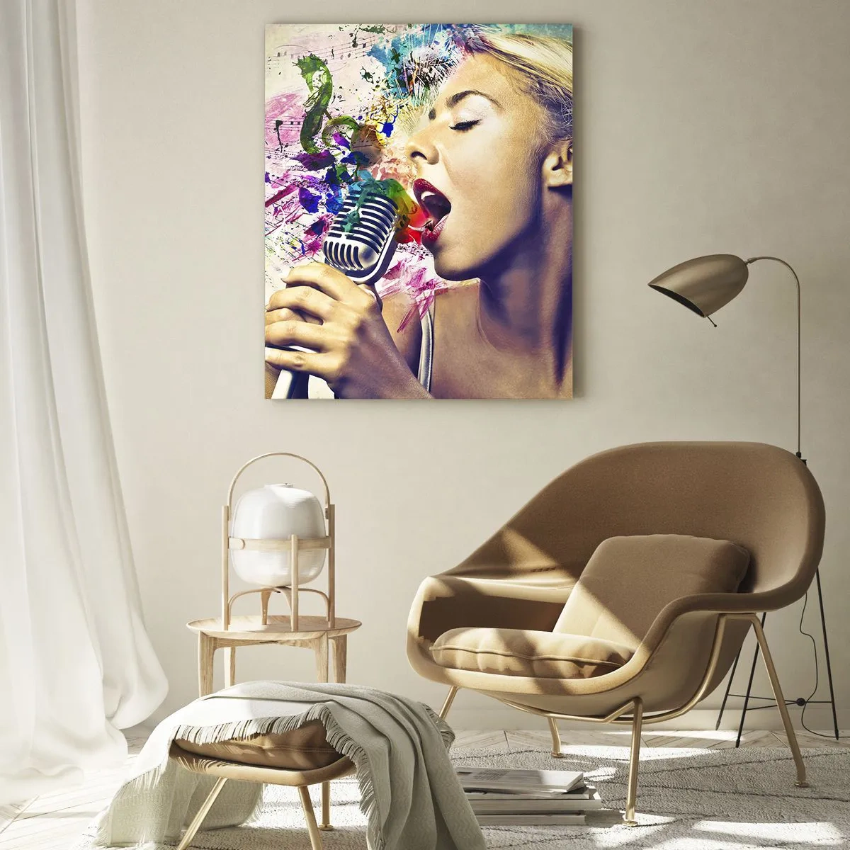 Impression sur verre - Image sur verre - Portrait artistique d'une femme chantant avec des effets colorés - 70x100cm - Peindre le monde avec sa voix - Décoration murale moderne pour le salon et la chambre ARTTOR