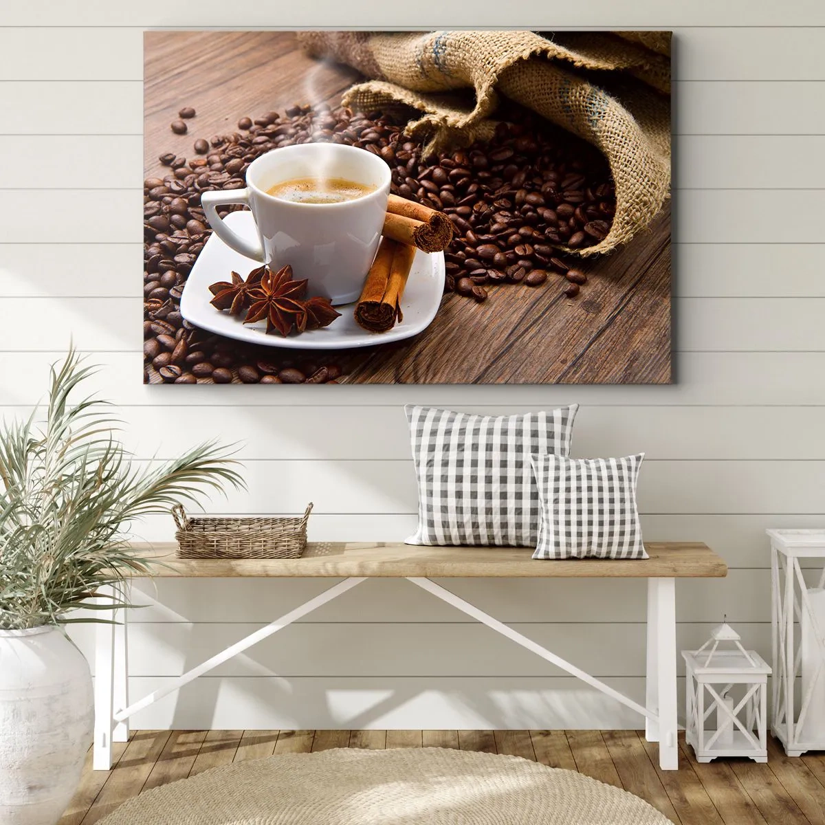 Impression sur toile - Image sur toile - Une tasse de café à la cannelle et à l'anis sur un fond de grains de café - 100x70cm - Saveur et arôme épicés - Décoration murale moderne pour le salon et la chambre ARTTOR