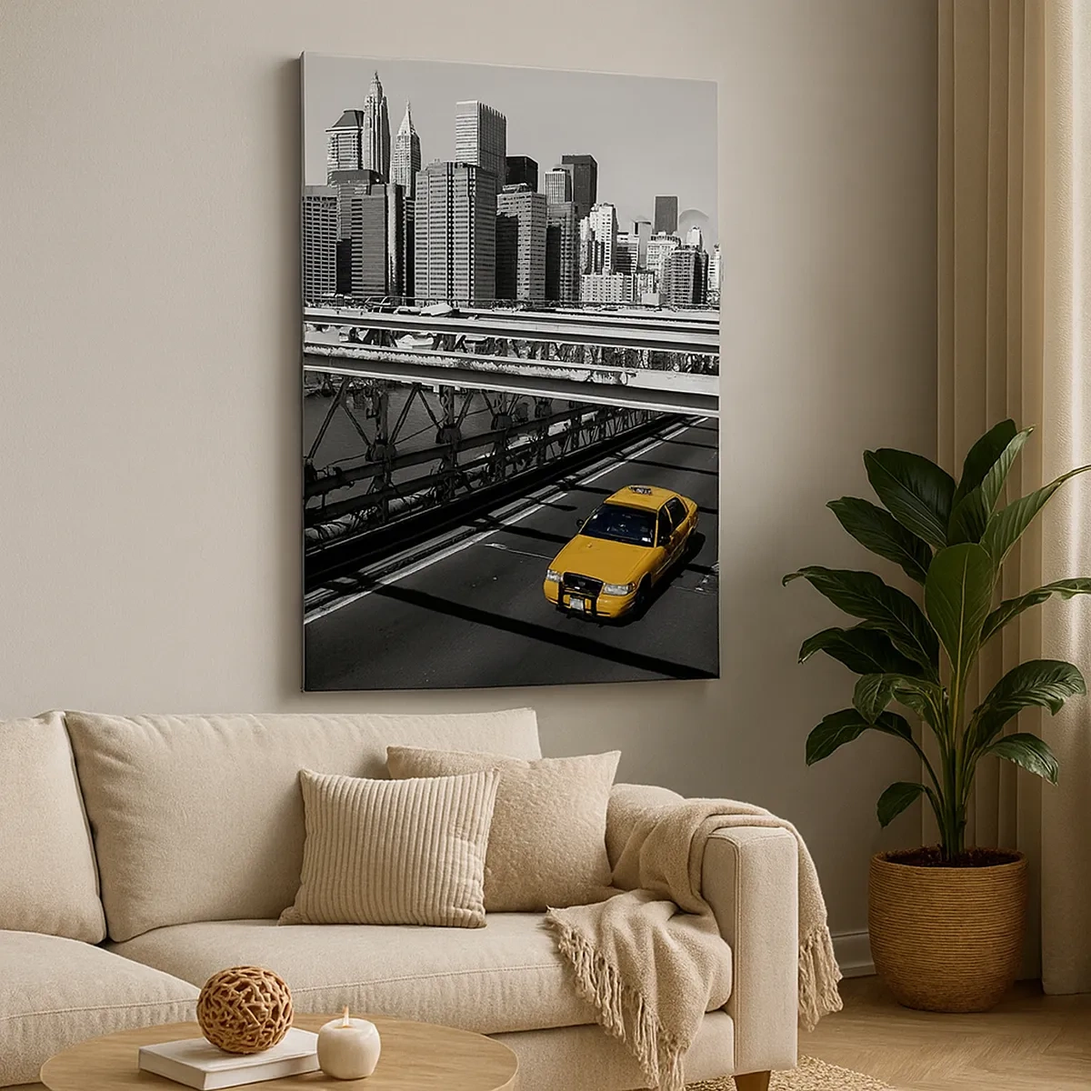 Impression sur toile - Image sur toile - Taxi jaune sur un pont avec vue sur les toits de New York - 50x70cm - Couleur de la grande ville - Décoration murale moderne pour le salon et la chambre ARTTOR