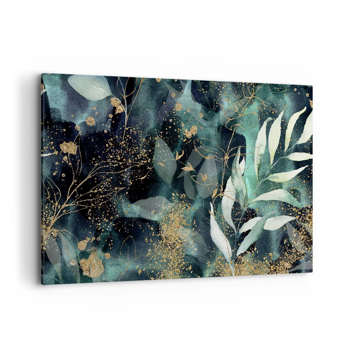 Impression sur toile - Image sur toile - Feuilles élégantes sur un fond sombre avec des accents dorés - 120x80cm - Jardin magique - Décoration murale moderne pour le salon et la chambre ARTTOR