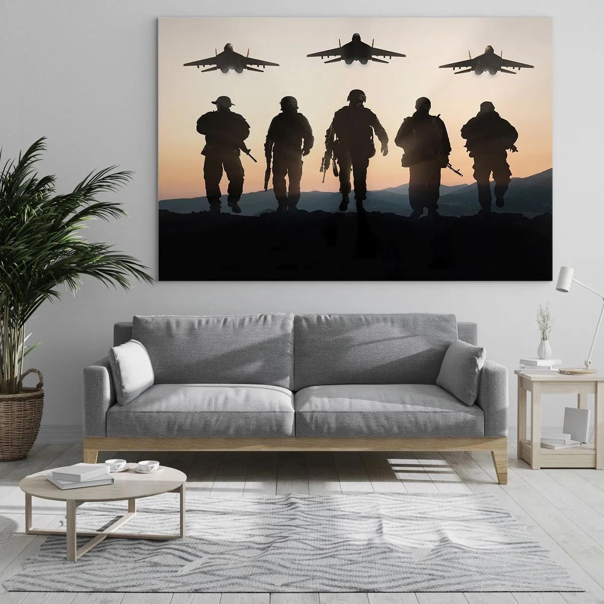 Impression sur verre - Image sur verre - Soldats sur fond de soleil couchant et de jets - 120x80cm - Bienvenue dans notre monde - Décoration murale moderne pour le salon et la chambre ARTTOR