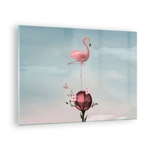 Impression sur verre - Image sur verre - Un flamant rose debout sur une boule décorative avec des fleurs et des papillons. - 70x50cm - Allégorie du basket-ball - Décoration murale moderne pour le salon et la chambre ARTTOR