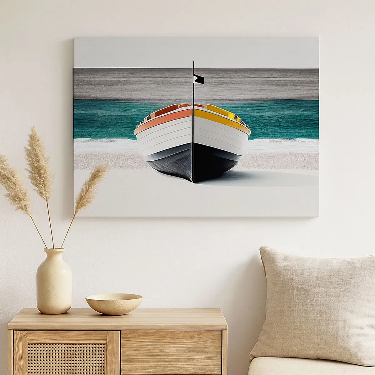 Impression sur toile - Image sur toile - Un bateau sur la plage avec une mer turquoise en arrière-plan - 70x50cm - A sa place - Décoration murale moderne pour le salon et la chambre ARTTOR
