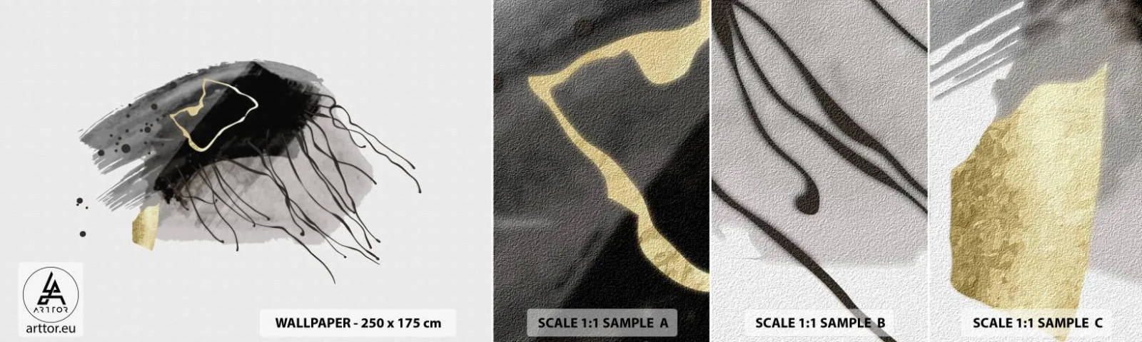 Échantillon de Papier Peint Autocollant Deluxe Sticker - En noir et en or - Abstraction, Morceau, Graphique - 100x30 cm