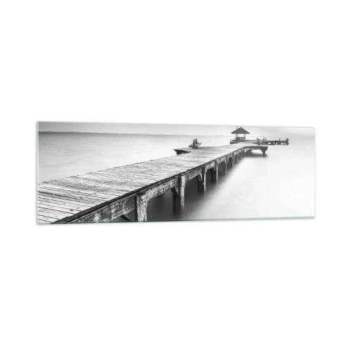 Impression sur verre - Image sur verre - Une vue en noir et blanc d'une jetée en bois sur une eau calme. - 160x50cm - À l'horizon - Décoration murale moderne pour le salon et la chambre ARTTOR