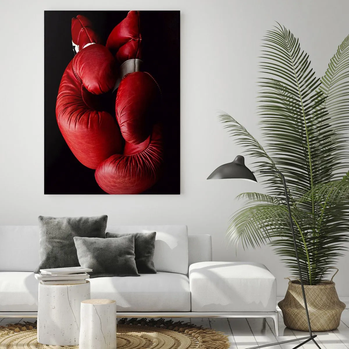 Impression sur verre - Image sur verre - Gants de boxe rouges sur fond noir - 80x120cm - Les émotions du combat sont derrière nous - Décoration murale moderne pour le salon et la chambre ARTTOR