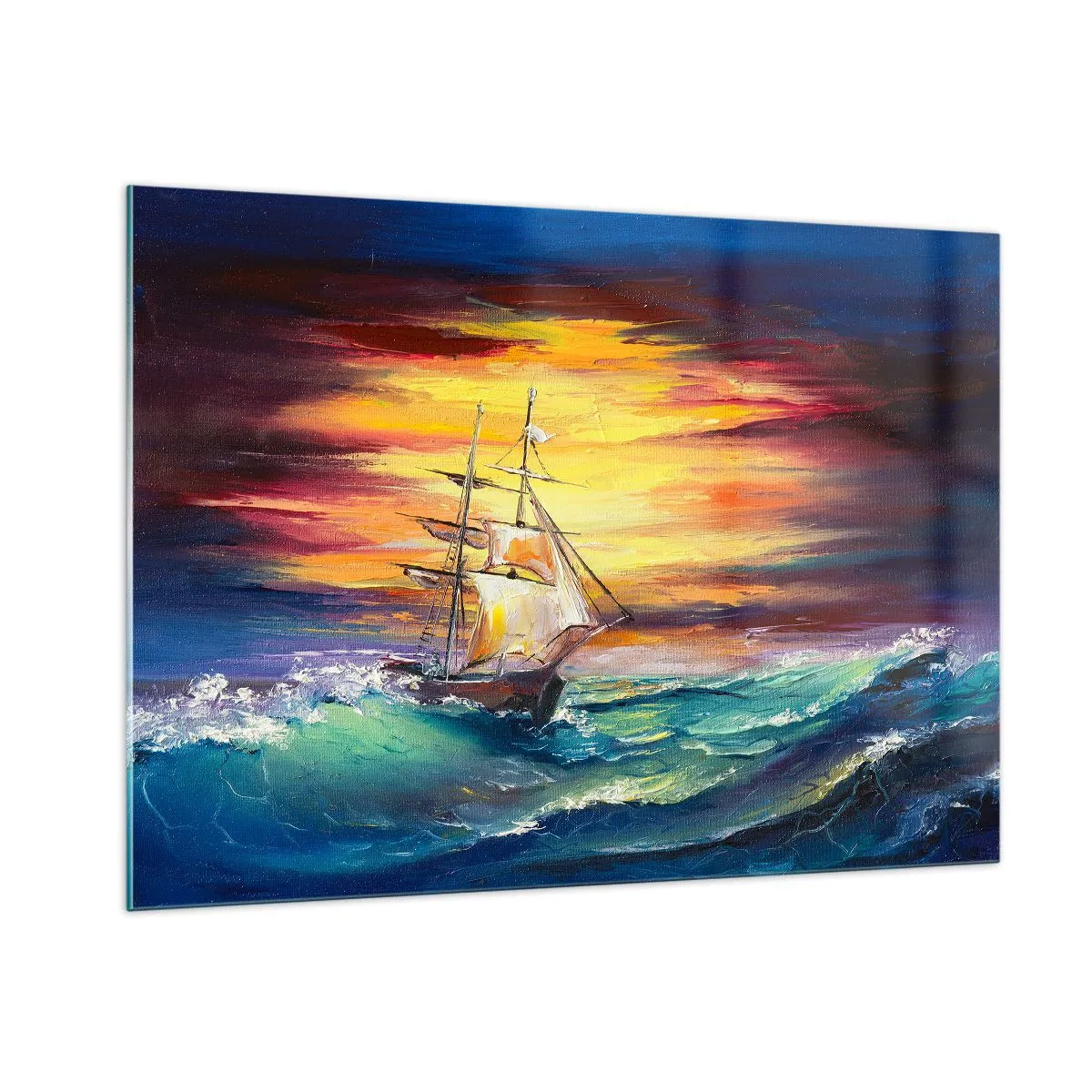 Impression sur verre - Image sur verre - Un navire sur une mer agitée au coucher du soleil - 100x70cm - Courageusement sous les vagues - Décoration murale moderne pour le salon et la chambre ARTTOR