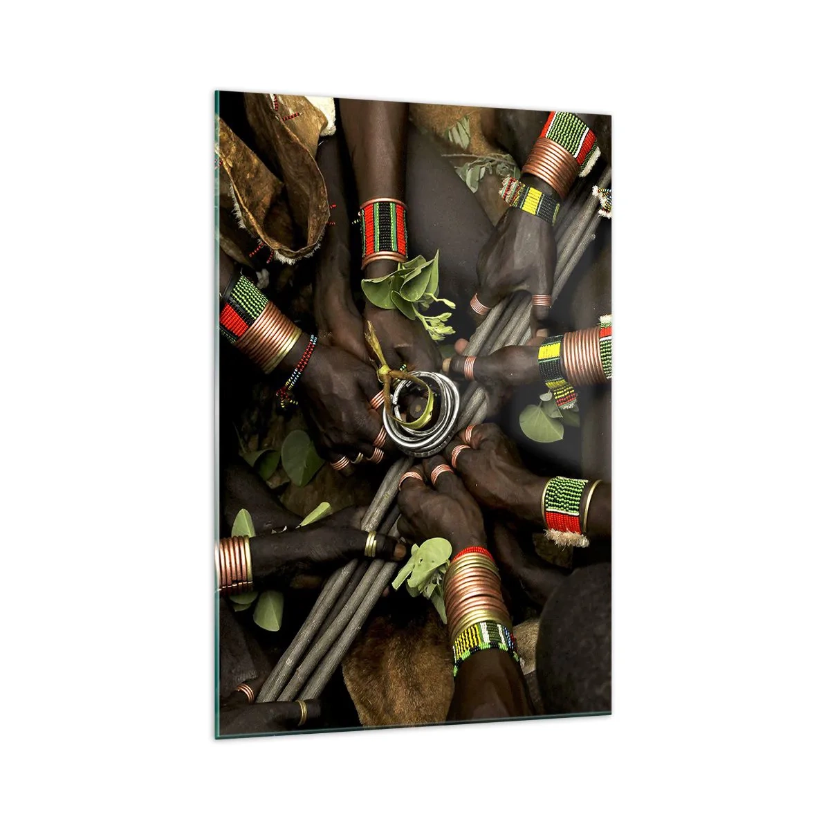 Impression sur verre - Image sur verre - Bracelets de main traditionnels dans un groupe de mains - 70x100cm - Nous sommes ensemble - Décoration murale moderne pour le salon et la chambre ARTTOR