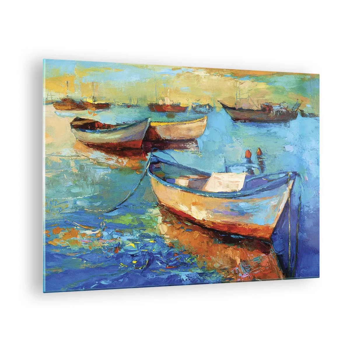 Impression sur verre - Image sur verre - Bateaux colorés sur un fond d'eau calme - 70x50cm - Dans la baie du sud - Décoration murale moderne pour le salon et la chambre ARTTOR
